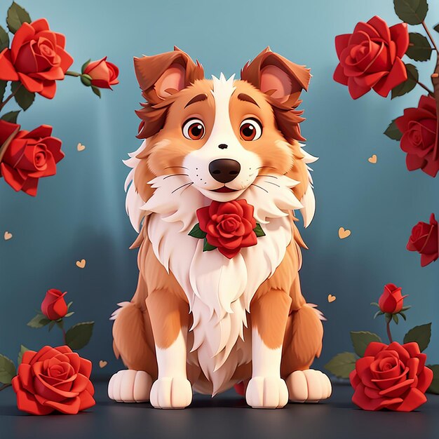 Cute Collie Dog With Red Rose Cartoon Vector Icon Illustration Animal Romance Icon Concept Isolated Premium Vector Flat Cartoon Style (Schöner Collie-Hund mit roter Rose)