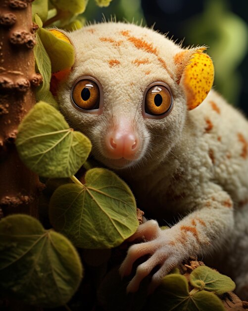 Cute common spotted cuscus um marsupial na árvore atrás de folhas bonitas foto gerada por IA