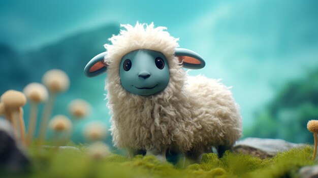 Cute Corriedale Sheep In Grass Estúdio Ghibli Inspirado Renderização 3D