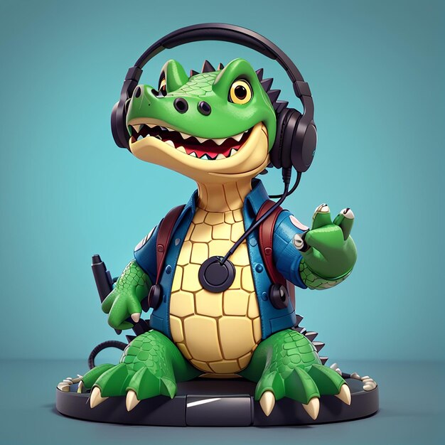 Cute Crocodile Gamer jugando al juego con auriculares y joystick Icono vectorial de dibujos animados Ilustración Icono de tecnología animal Concepto aislado Estilo de dibuyos animados plano vectorial premium