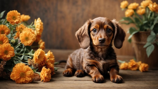 Foto cute dackel welpe mit orangefarbenen blumen auf holzgrund