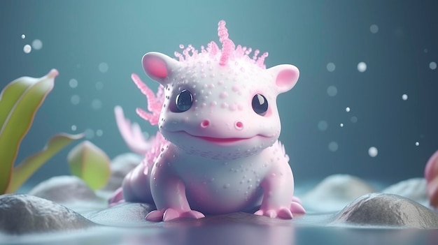 Cute dibujos animados 3d axolotl AI generativa