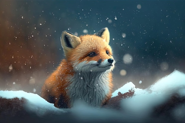 Cute dibujos animados de bebé zorro rojo de ensueño en la nieve invierno AI generativa Animal y concepto de paisaje