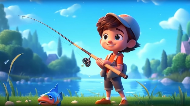 Cute dibujos animados niño pescando IA generativa