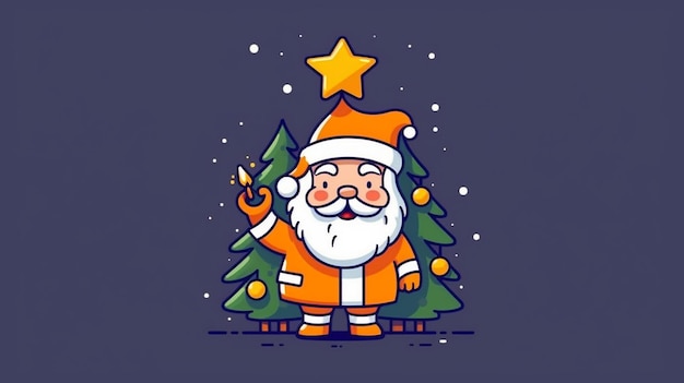 Cute dibujos animados santa claus poniendo estrellas en el árbol de navidad IA generativa