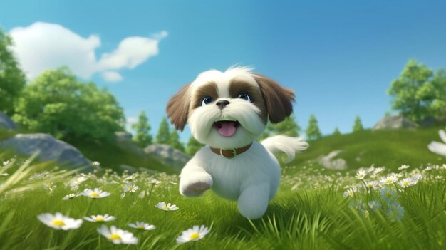 Foto cute dibujos animados shih tzu corriendo a través de una ia generativa meadow