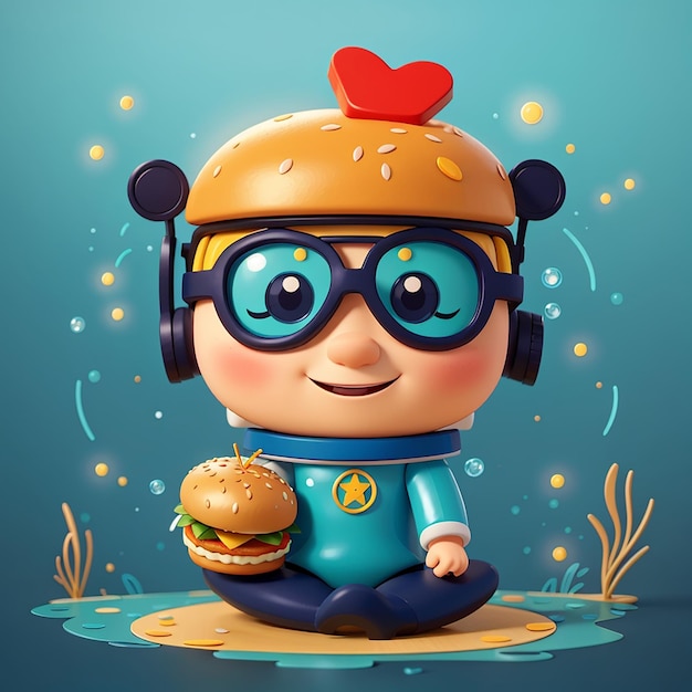 Cute diver abraço hambúrguer desenho animado ícone vetorial ilustração ciência ícone de comida isolado vetor plano