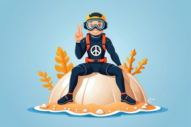 Foto cute diver auf pearl shell zeichentrickfilm-vektorillustration