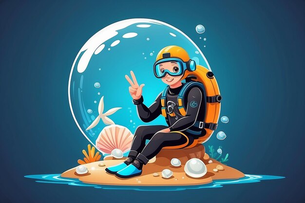 Cute Diver auf Pearl Shell Zeichentrickfilm-Vektorillustration