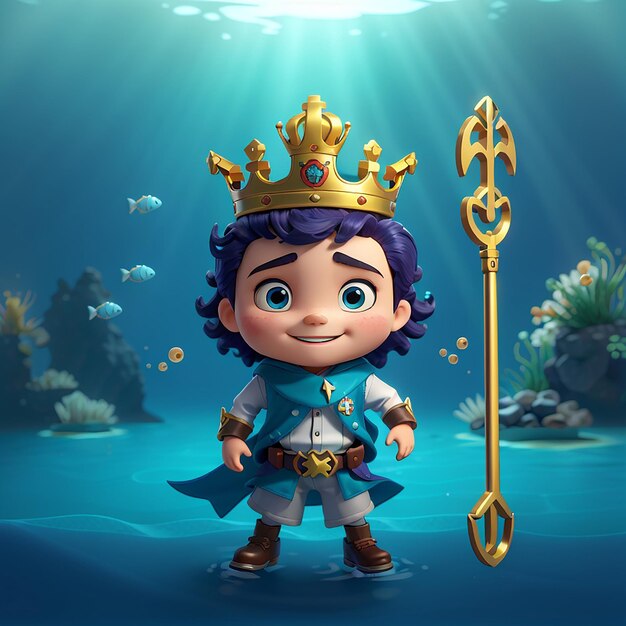 Foto cute diver king with crown and trident cartoon icon vector ilustração ciência natureza icon concept isolado premium vector flat cartoon estilo