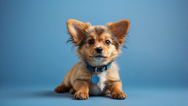 Foto cute dog mit blauem hintergrund