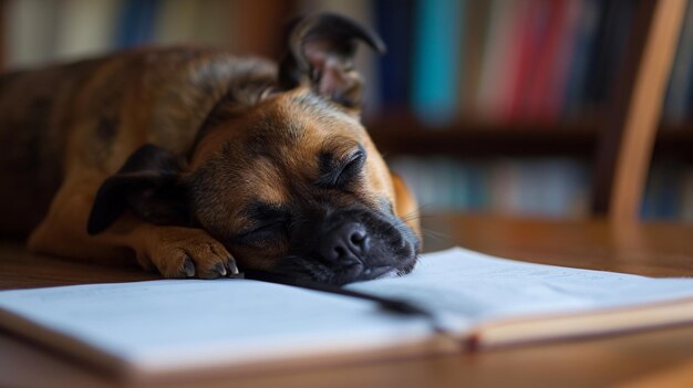 Cute Dog schläft nach dem Studium Hund schläft in ihrem Notebook, nachdem er AI Generative studiert hat