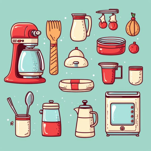 Foto cute doodle christmas kitchen sketching ícones clássicos de férias em estilo de desenho animado um pacote de adorab