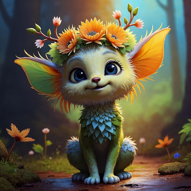 Cute Fairy Creature with Sunflower Crown in a Forest