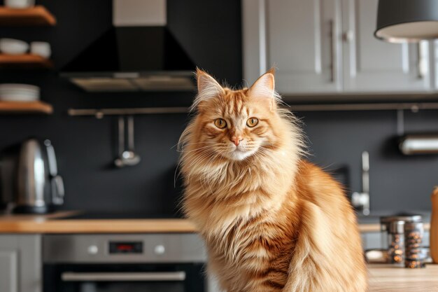 Foto cute flauschige ingwerkatze sitzt auf dem holztisch in der modernen küche