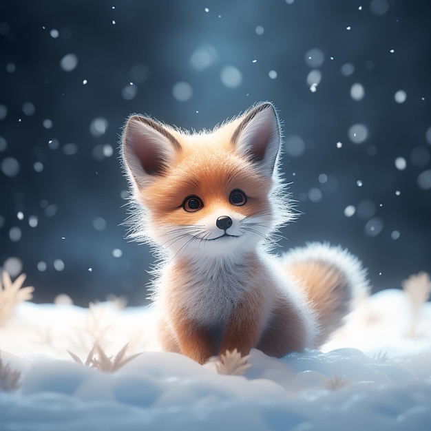 Cute Fox Baby em neve inverno AI gerativa