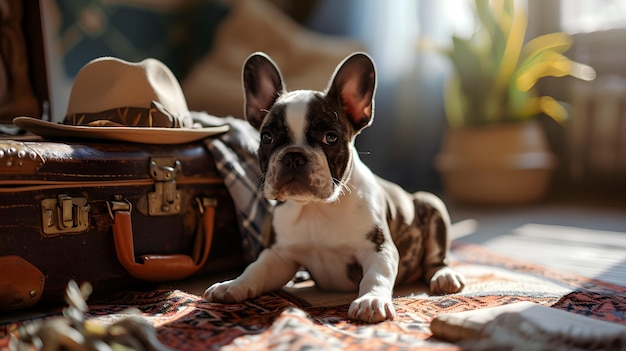 Cute French Bulldog Welpe sitzt in einem Koffer und reist mit Haustieren, während er generative KI reist