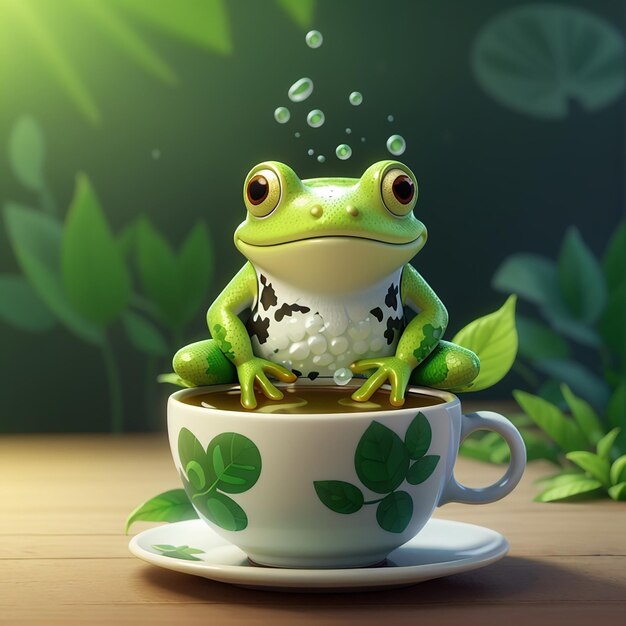 Cute Frog In Green Tea Cartoon Vector Icon Illustration Tiergetränk Icon Konzept Isolierter Premium Vector Flach Cartoon-Stil
