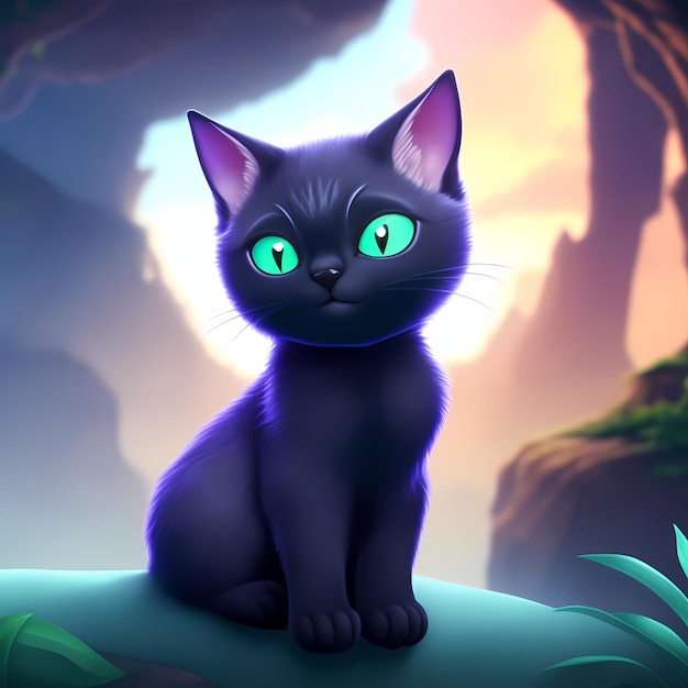 Cute Funny Art Cat Illustration Schöne schwarze Katze mit grünen Augen sitzt auf einem Felsen in einem Wald Ai