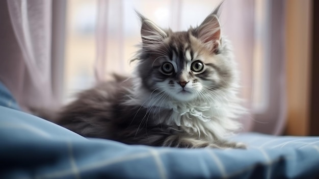 Cute gato grisalho fofo jovem fica em um plaid macio perto