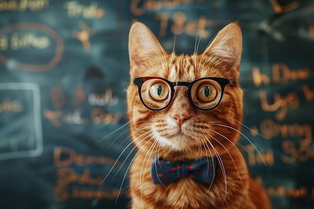 Cute ginger cat professor de óculos no fundo de um quadro de tinta da escola
