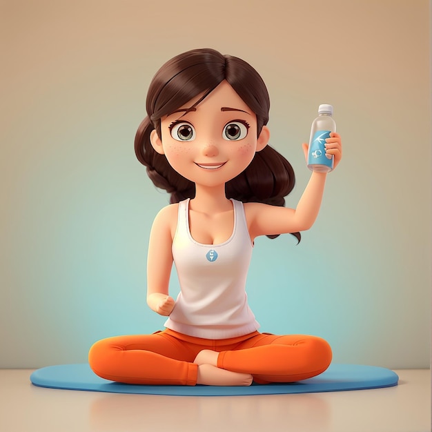 Cute Girl Fitness hält Flasche und Matratze Cartoon Vector Icon Illustration Menschen Sport Icon Konzept Isolierte Premium Vector Flat Cartoon Style