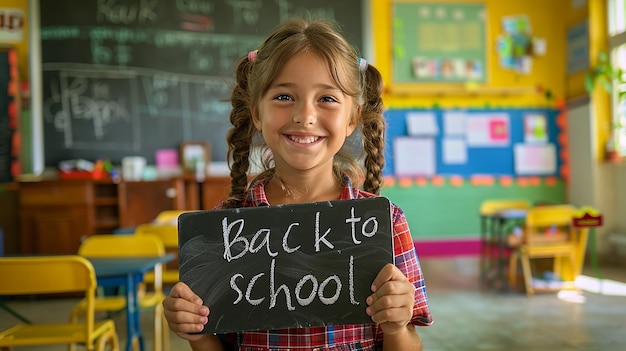 Foto cute girl pupil standing in a classroom holding a black board written back to school 01