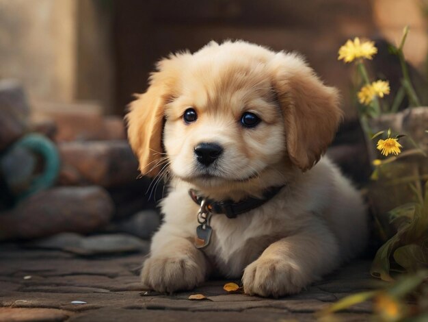 Cute Golden Retriever cachorro sentado no chão no parque mundo dia do cachorro