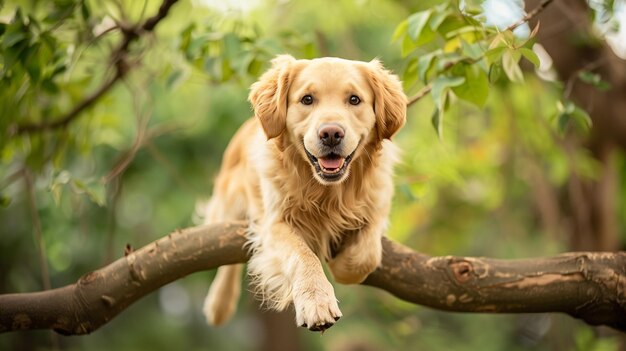 Cute Golden Retriever-Hund auf einem Baum im Park