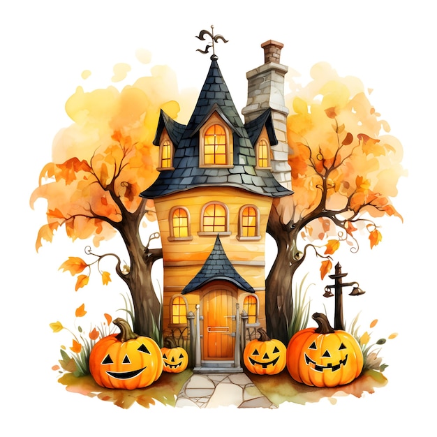 Cute Halloween clipart com uma casa cercada por árvores caprichosas e abóboras adornadas