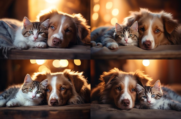 Cute Haustier sitzt zusammen und Close Up Porträt auf schöne Katze und Hund