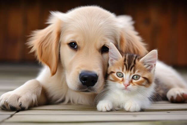 Cute Haustier sitzt zusammen und Close Up Porträt auf schöne Katze und Hund