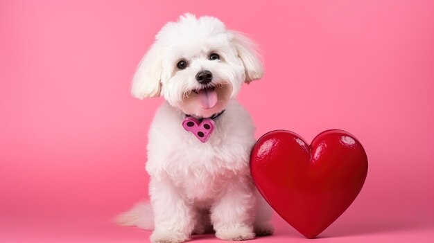 Cute Hund hält einen herzförmigen Ballon, der auf rosa Hintergrund isoliert ist