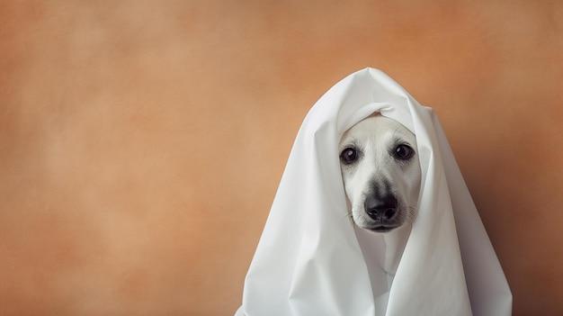 Cute Hund in ein Laken gewickelt und trägt ein Geisterkostüm auf einem minimalistischen Hintergrund Halloween-Konzept