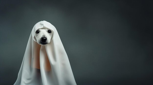 Cute Hund in ein Laken gewickelt und trägt ein Geisterkostüm auf einem minimalistischen Hintergrund Halloween-Konzept