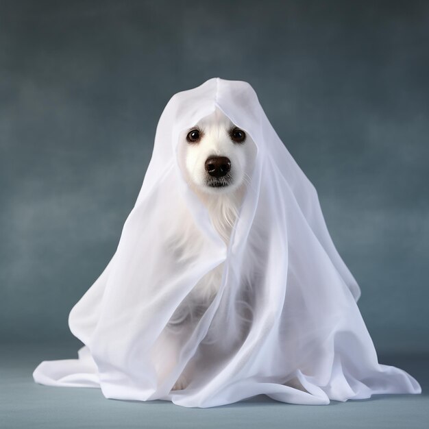 Cute Hund in ein Laken gewickelt und trägt ein Geisterkostüm auf einem minimalistischen Hintergrund Halloween-Konzept