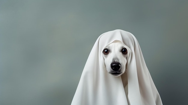 Cute Hund in ein Laken gewickelt und trägt ein Geisterkostüm auf einem minimalistischen Hintergrund Halloween-Konzept