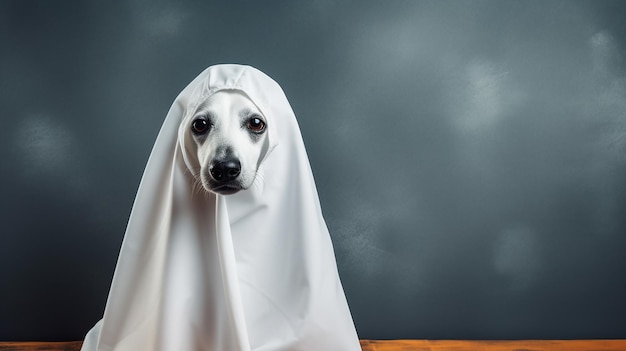 Cute Hund in ein Laken gewickelt und trägt ein Geisterkostüm auf einem minimalistischen Hintergrund Halloween-Konzept