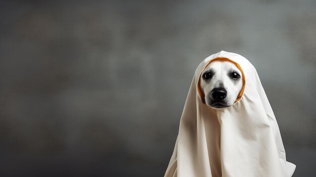 Cute Hund in ein Laken gewickelt und trägt ein Geisterkostüm auf einem minimalistischen Hintergrund Halloween-Konzept