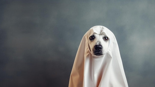 Cute Hund in ein Laken gewickelt und trägt ein Geisterkostüm auf einem minimalistischen Hintergrund Halloween-Konzept