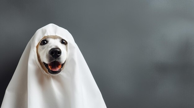 Cute Hund in ein Laken gewickelt und trägt ein Geisterkostüm auf einem minimalistischen Hintergrund Halloween-Konzept