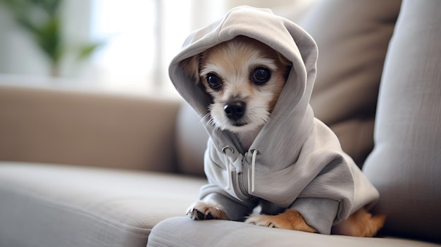 Cute Hund mit Kapuze sitzt auf dem Sofa im Wohnzimmer