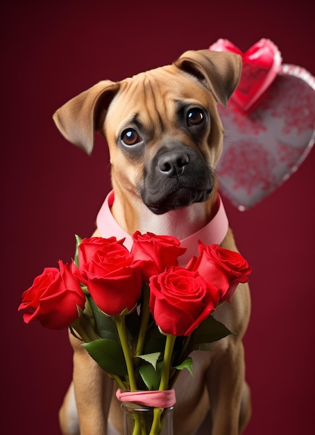 Cute Hund mit rotem Herz und Riesenblumen auf dem Hintergrund mit Kopierraum