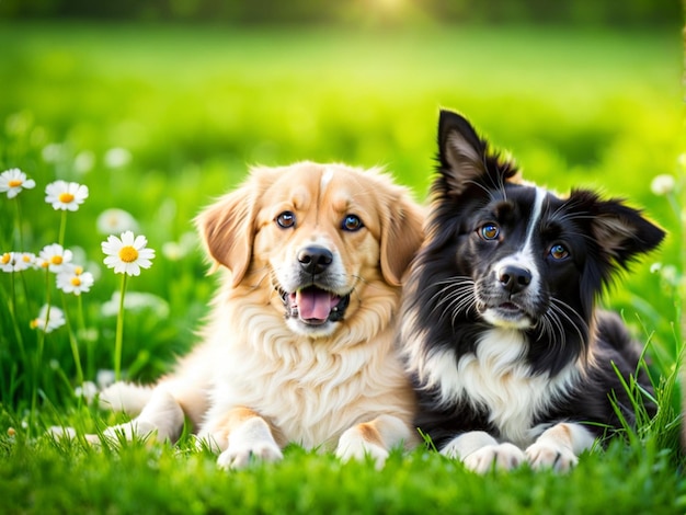 Cute Hund und Katze liegen zusammen auf einem grünen Grasfeld Natur in einem Frühlings sonnigen Hintergrund