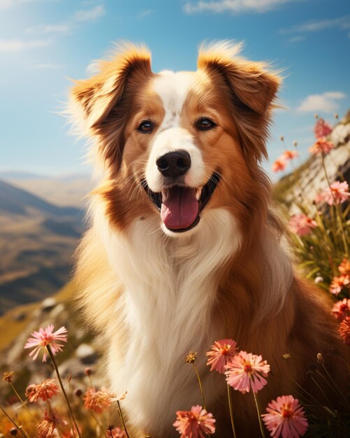 Foto cute inglês shepherd raça de cão de pé na selva com fundo de montanha foto gerada por ia