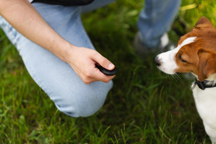 Cute Jack Russell Terrier cão ao ar livre caminhando e treinando com clicker no parque com seu dono