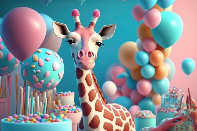 Foto cute jirafa celebra el cumpleaños lion cub se sienta cerca de los globos y un pastel con velas ai generativo