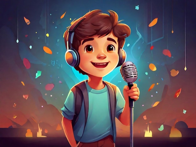 Cute Junge singt ein Lied mit Mikrofon Vektor Cartoon Illustration