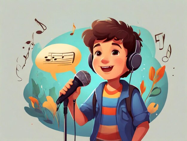 Cute Junge singt ein Lied mit Mikrofon Vektor Cartoon Illustration