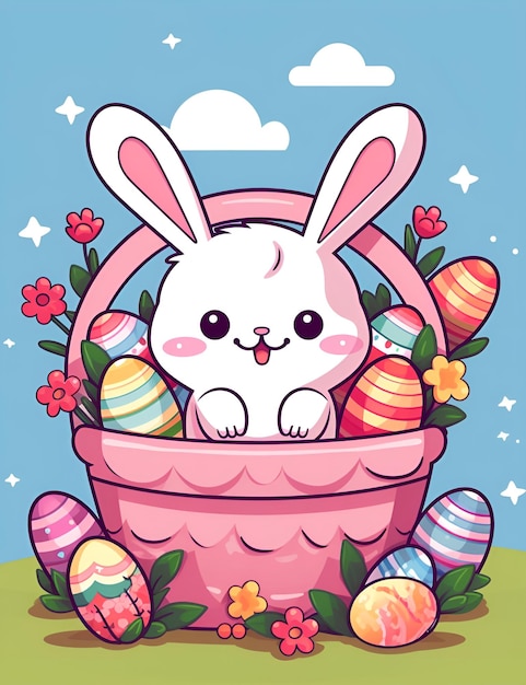 Cute Kawaii Easter Bunny Basket Background para Crianças